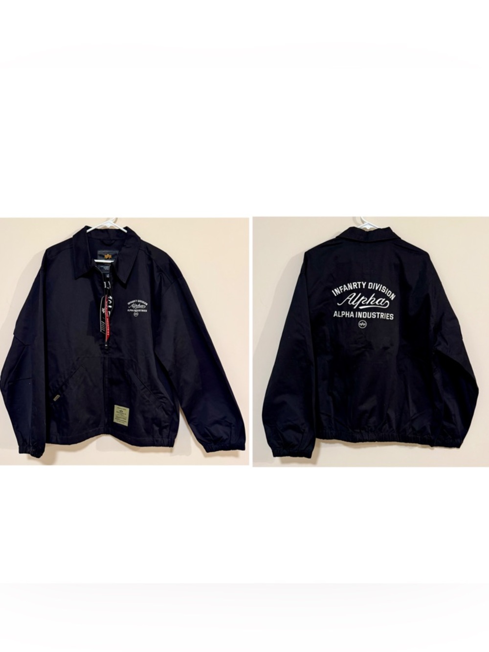 NWT Alpha Industries Black Zip Up Jacket with White Infantry Script Size Large - Picture 3 of 8